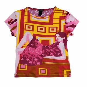 Y2k Hayes Custo Barcelona Euro Graphic Printed Multicolor Baby Tee - Size Large